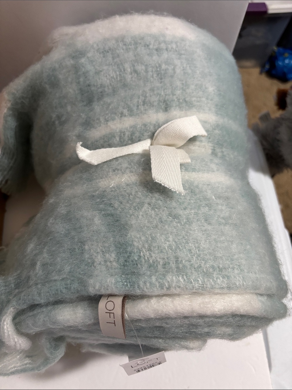 LOFT Mint Green and White Fuzzy Throw Blanket New